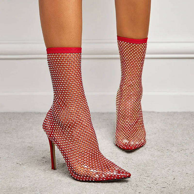 

Fashionable Pointed Sexy Slim Heel Hollowed Out Fishing Net Mesh Socks Boots For Women Plus Size High-heeled Cool Short Boots