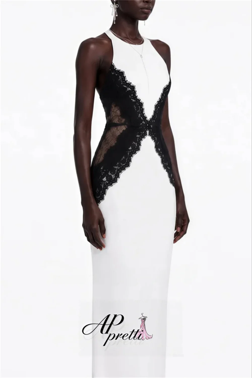 AP pretti Classic Contrast Color Halter Satin Panels Lace Evening Gown Dress Sleeveless Straight Backless Party Dress Customized