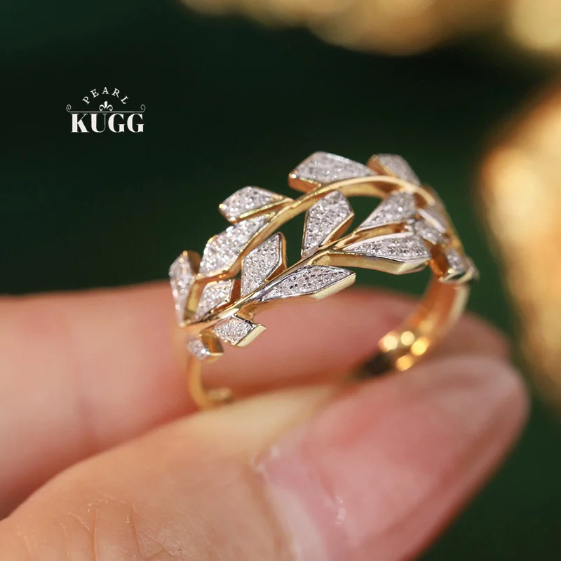 KUGG 100% 18K Yellow Gold Rings Fashion 0.20carat Real Natural Diamond Engagement Ring for Women Leaf Design High Party Jewelry