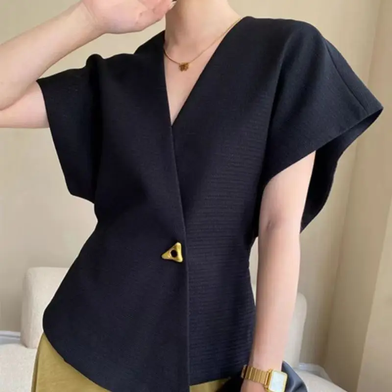 Batwing Sleeve French Chic Elegant Commuter Women's Asymmetric One Button V-Neck Slim Fit Suit Vest Top Gold Button Trim Tailore