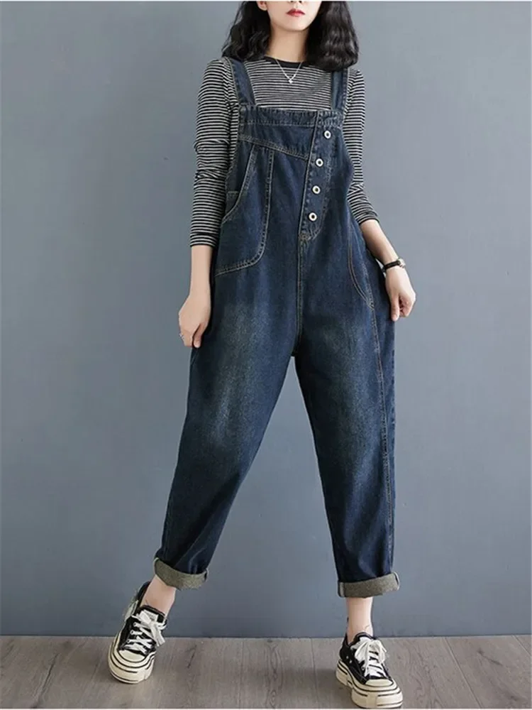 2024 Autumn Streetwear Women's Denim Jumpsuit Casual Loose Wide Leg Dungarees Pockets Straps Cargo Baggy Pants Jeans Overalls