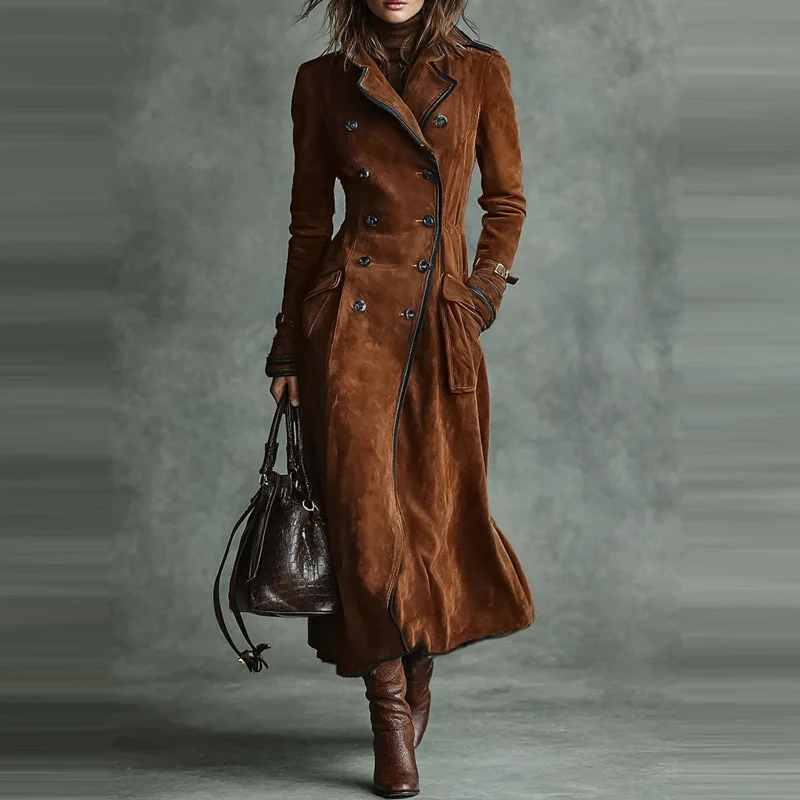Women's Fashion Lapel Collar Pockets Long Jackets Elegant Buttons Solid Velvet Outercoats Vintage Long Sleeve Windbreaker Coats