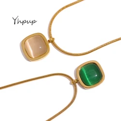 Yhpup Square Green Opal Stone Pendant Drop Dangle Necklace for Women Charm Jewelry Minimalist Geometric Stainless Steel Necklace
