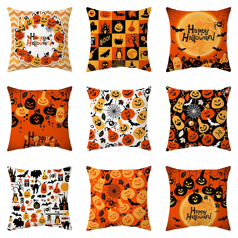 1PC Halloween Throw Orange Pillowcase Short Plush Cartoon Printed Cushion Cover 45x45 Decorative Pillows for Sofa Party Supplies