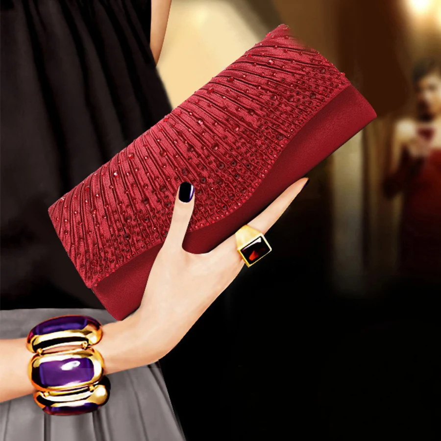 

Women's Pleated Satin Flap Evening Bag Sparkling Rhinestone Embellished Clutch Dress Bag Party Bag Prom Bag Wedding Bag Evening