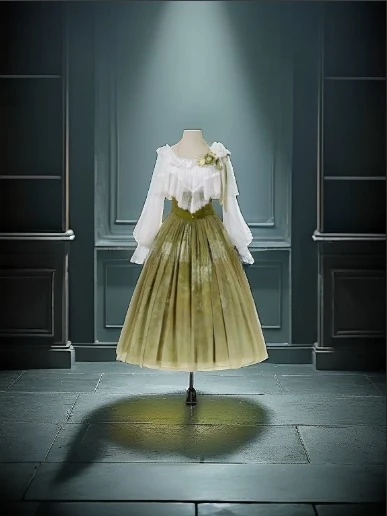 

Оригинальное элегантное платье-рубашка в стиле Лолиты для милых девушек, белый топ принцессы с открытыми плечами и длинная юбка с высокой талией, комплект из двух предметов