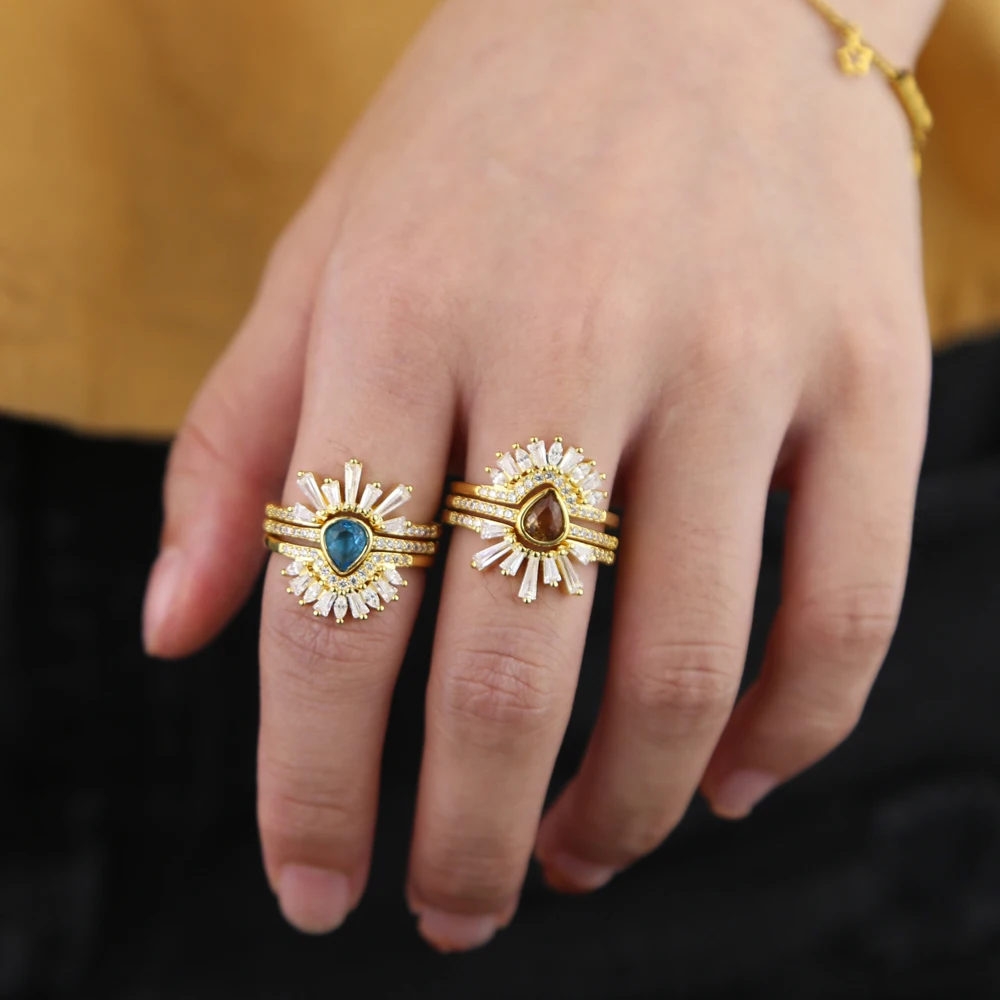 Elegant Women Jewelry Ring Set Of 3 Pcs Blue Coffee Color Geometry Cz Tear Drop Delicate Women Ladies Trendy Geometric Cute Ring