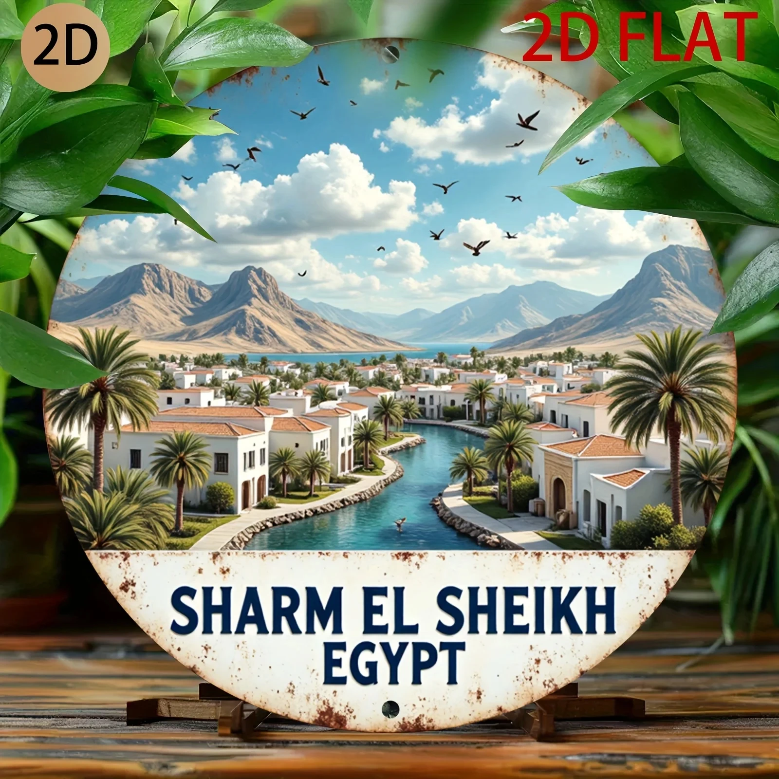 2D Flat Image - a Circular Vintage Sign Depicting the Landscape of Sharm El Sheikh, Egypt, Perfect for Home or Travel-Themed Decoration
