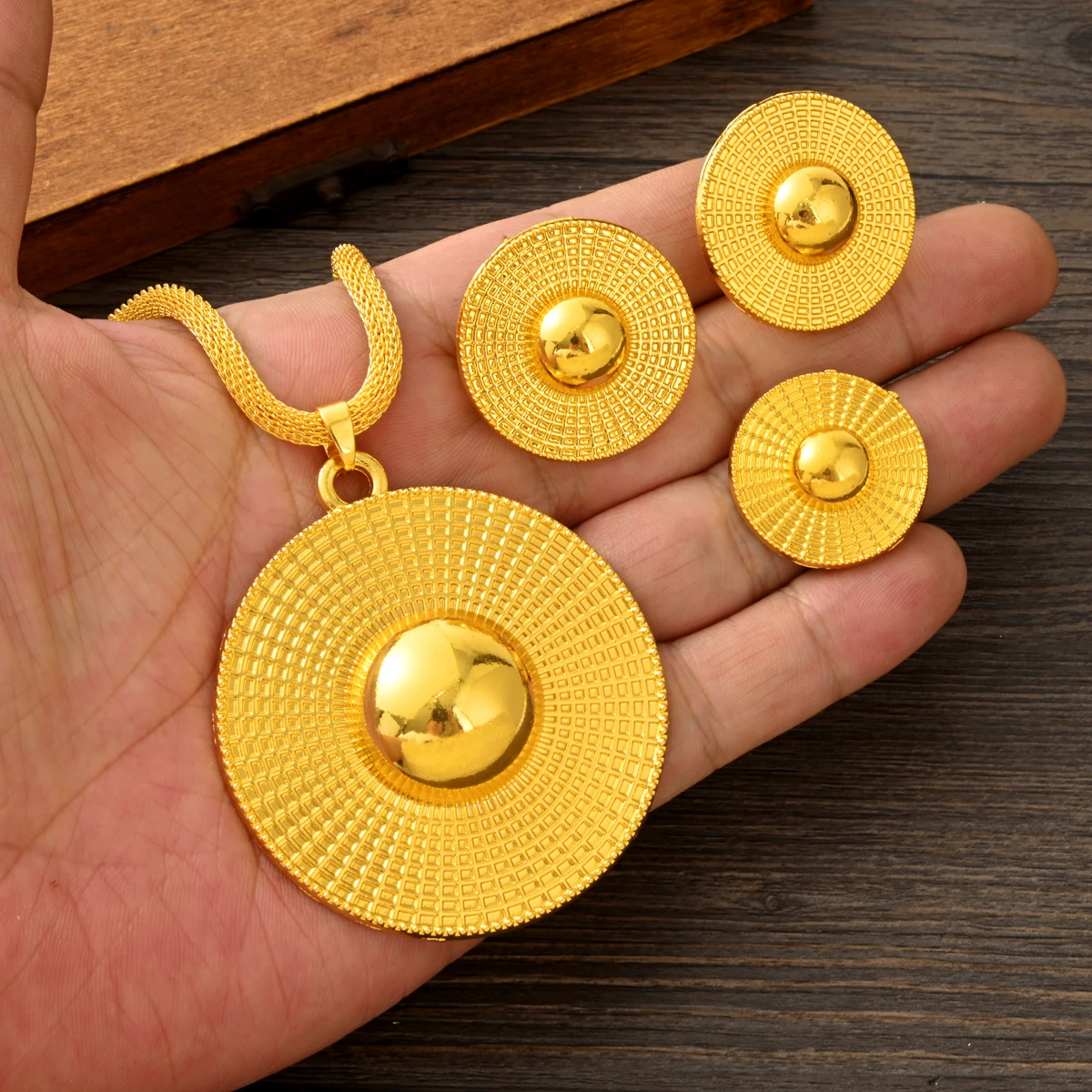 Ethiopian Golden Color Wedding 3D Round Big Pendant Earrings Ring Set For Women African Bridal Dubai Golden Jewellery Set Gifts