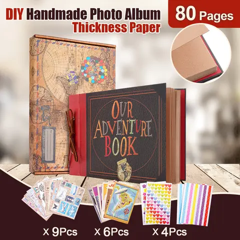 80 pages Our Adventure Book Scrapbook Photo Album 3d Retro Embossed Letter Hard Cover Friends Family Memo ry Book 11.9x7.6 Inch