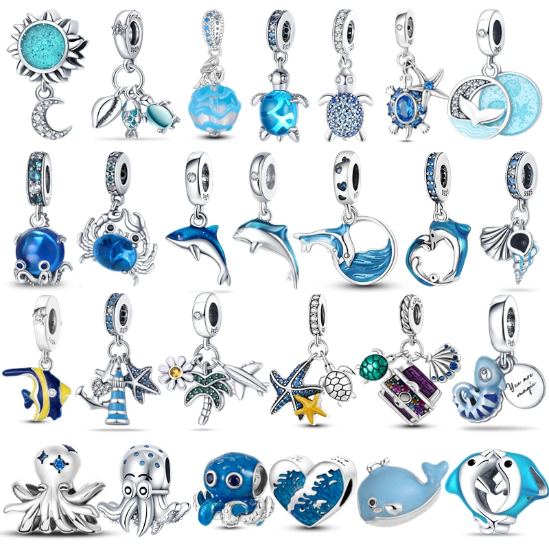 

100% 925 Sterling Silver Octopus SeaTurtle Crab Ocean Blue Zircon Charms Fit For Pandora' Original Bracelet S925 Dolphin Pendant