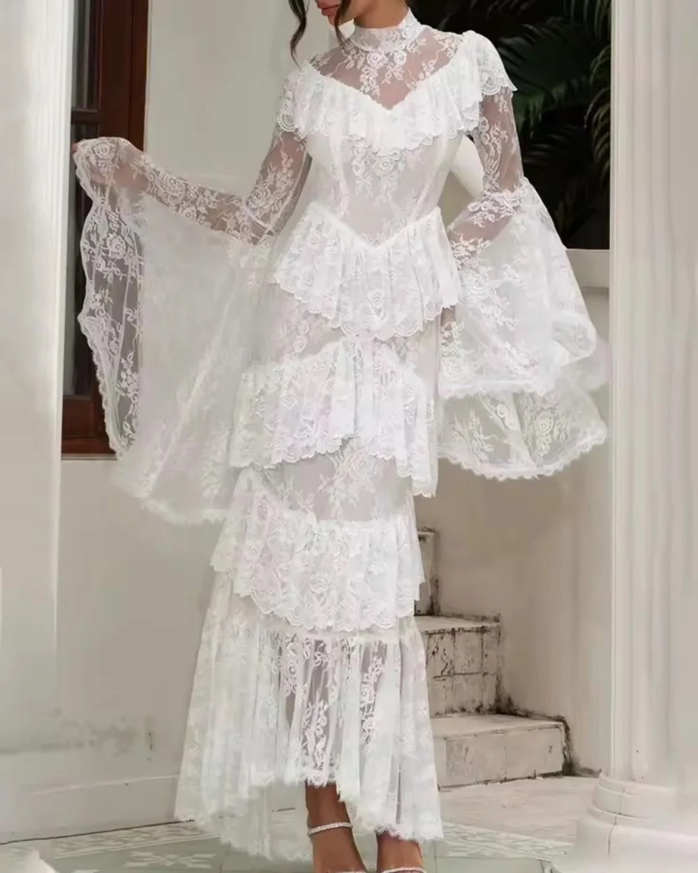 

Customized White Exquisite Fashion Lace Pleat Ruched Tiered Mermaid High Collar Ankle Length Evening Dresses Sizes Available