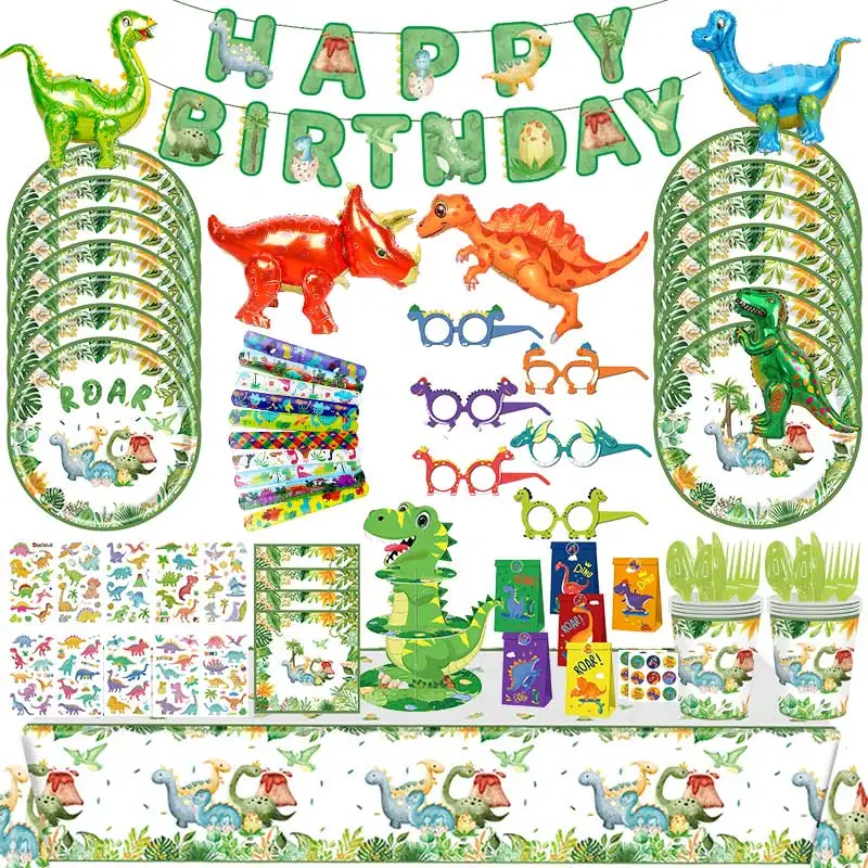 Décoration d'anniversaire thème dinosaure, vaisselle, tasse, assiette, serviette, ballons, bannière, sac en papier, cadeaux pour enfants, fournitures de décoration de fête