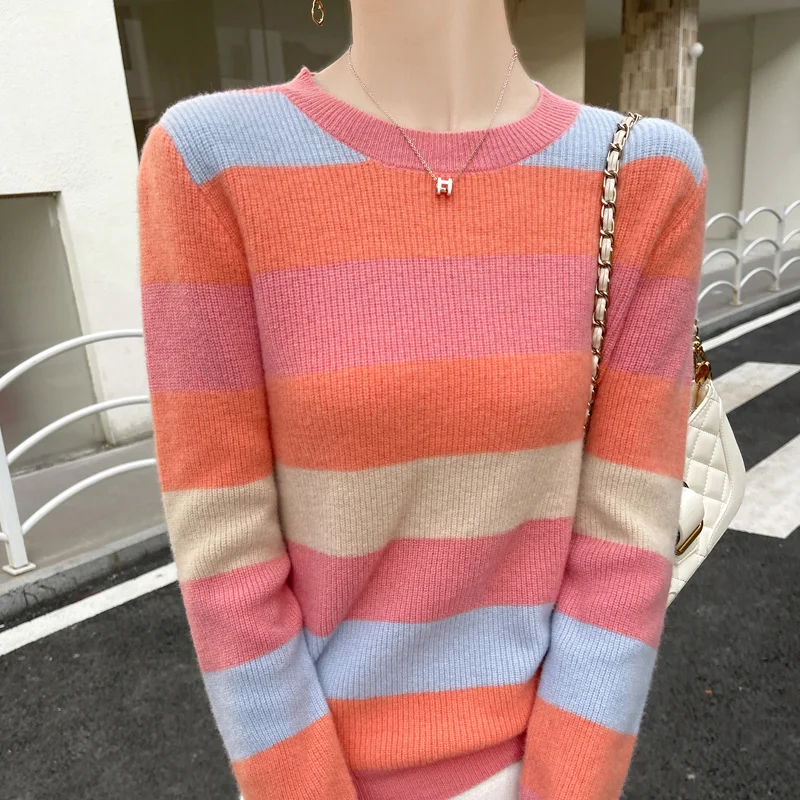 

Fashion 100% Merino Wool O-Neck Knitted Colorful Stripe Sweater Long Sleeves Pullover Cashmere Basic Soft Casual Clothing Top