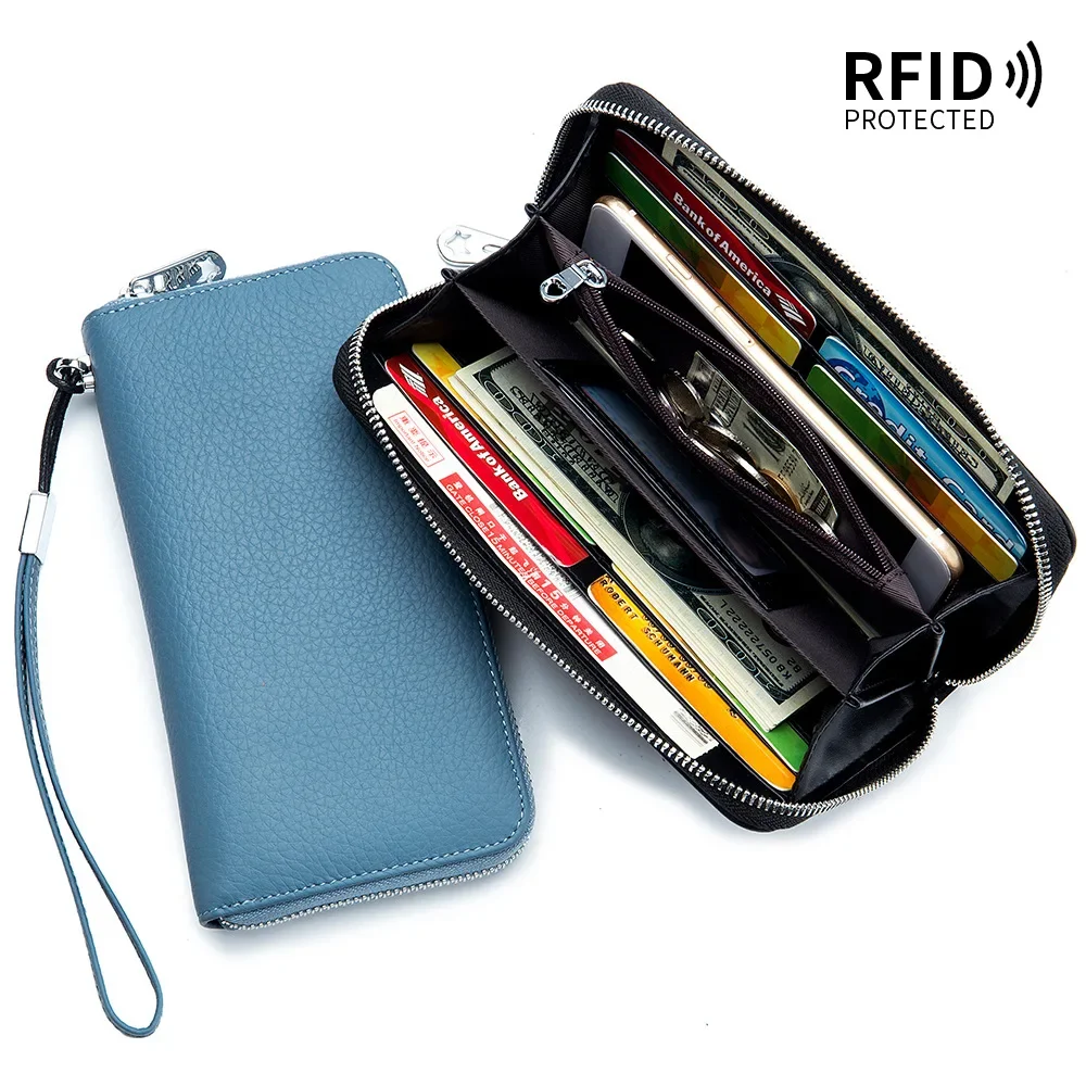 Women Wallet Casual Genuine Leather Long Wallet New Removable Wrist Strap Purse Luxury Cowhide Card Holder Clutch for Female Bag