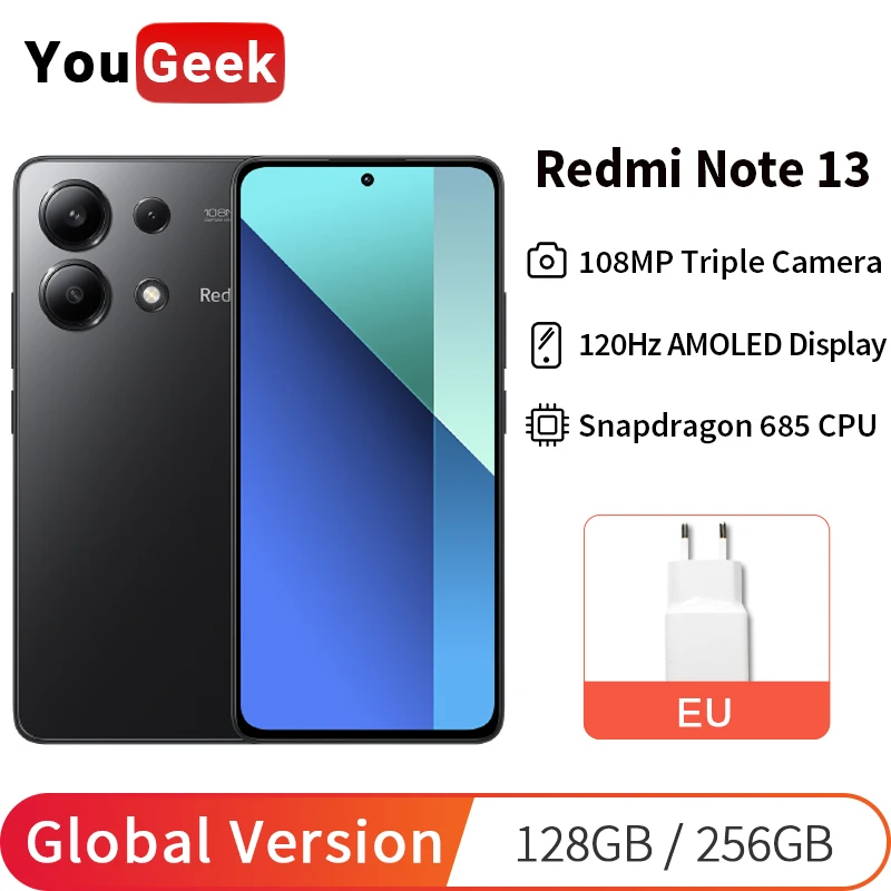 글로벌 버전 샤오미 Redmi Note 13 4G 스마트폰 108MP 트리플카메라 120Hz AMOLED 33W 고속충전 스냅드래곤 685 옥타코어 