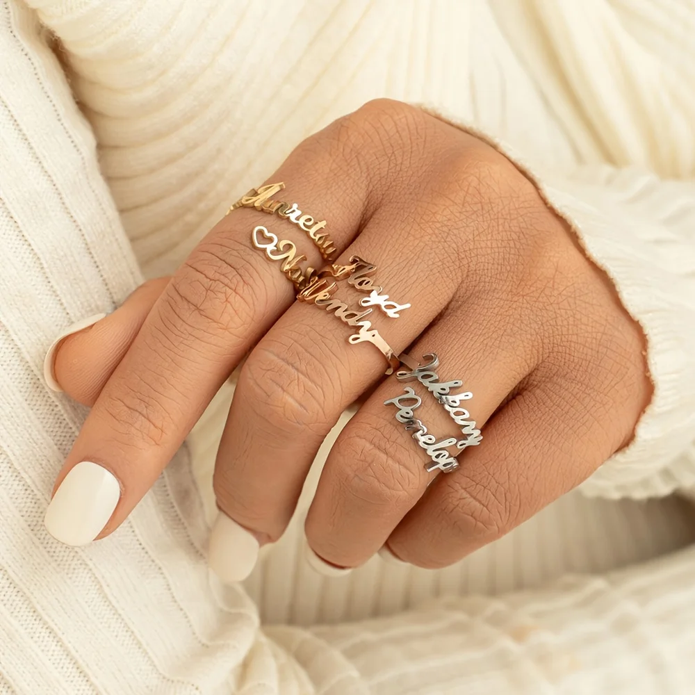 With Heart Custom Name Couple Wedding Rings Stainless Steel Gold Color Personalization Multiple Names Anillos Jewelry Gifts