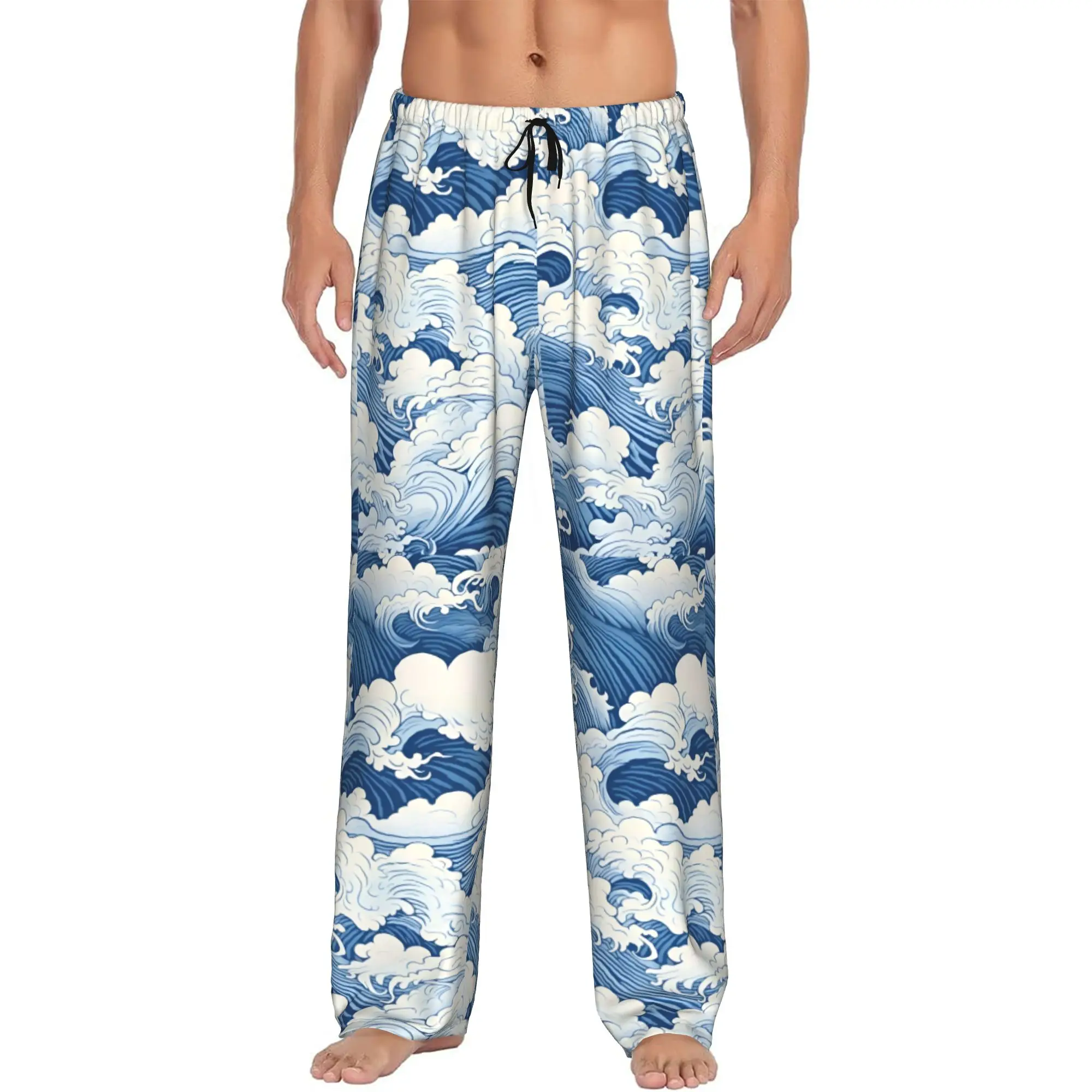 Custom Print The Great Wave Off Kanagawa Pajama Pants for Men  Sleep Sleepwear Bottoms with Pockets