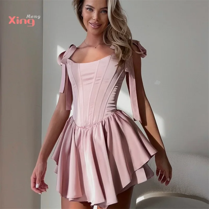 Pink Satin Women Prom Dress Short Mini Party Skirt Lace Up Back Sleeveless Puffy Hem Princess Formal Birthday Evening Gown