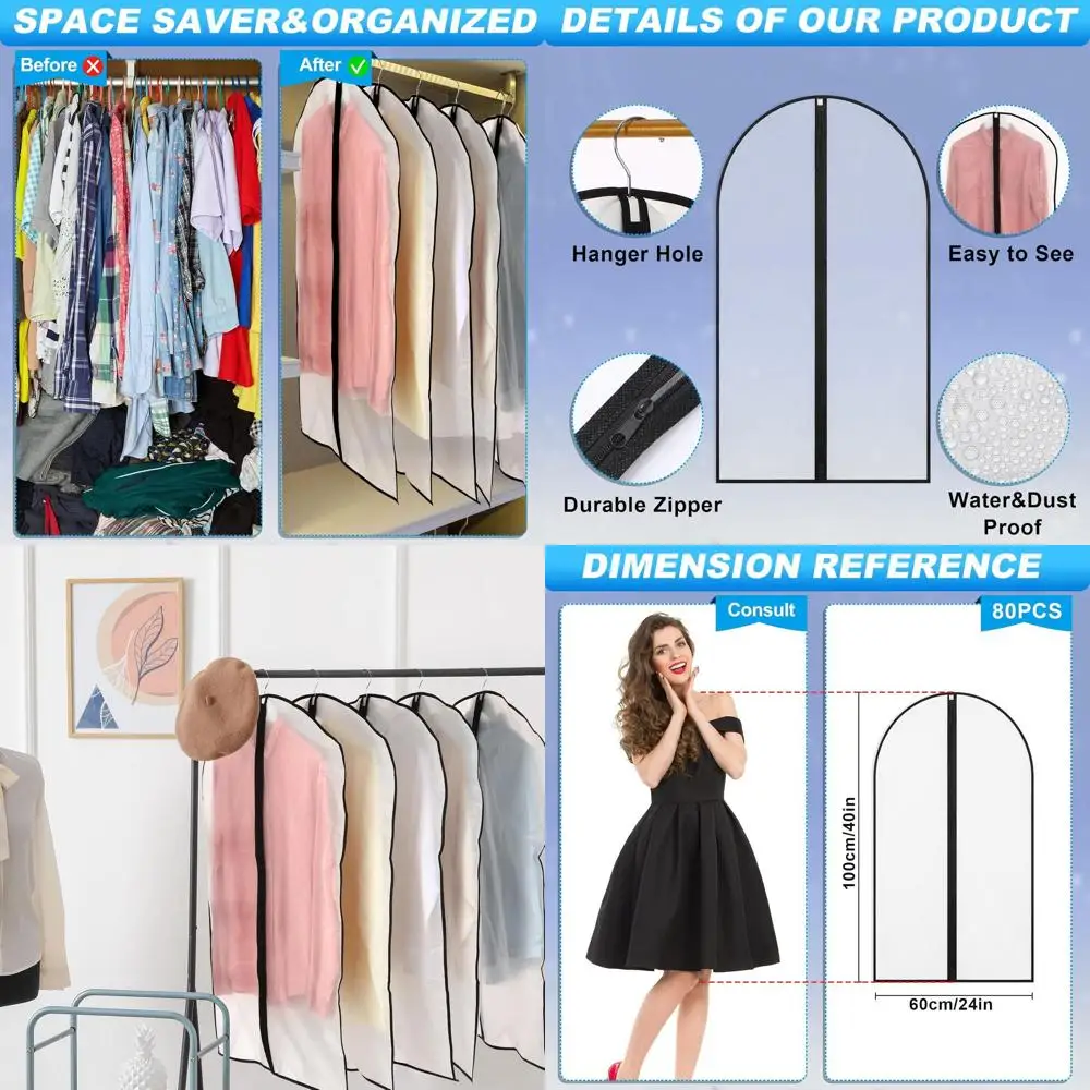 

24x40 Inch Translucent Zippered Hanging Garment Bags for Suits and Coats Storage and Travel