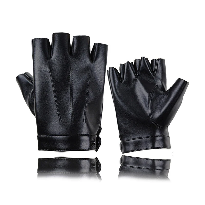 Black PU Leather Fingerless Gloves for Men Half Finger Motor Punk Tactical Mittens Outdoor Driving Gloves