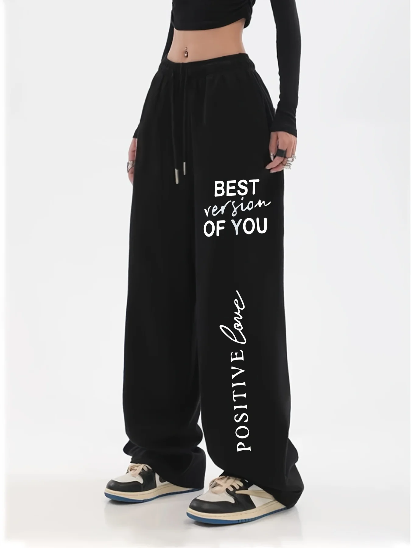 Y2K Wide Leg Sports Pants Slogan Letter Print Drawstring Loose Black Streetwear Casual Hip-hop Pants