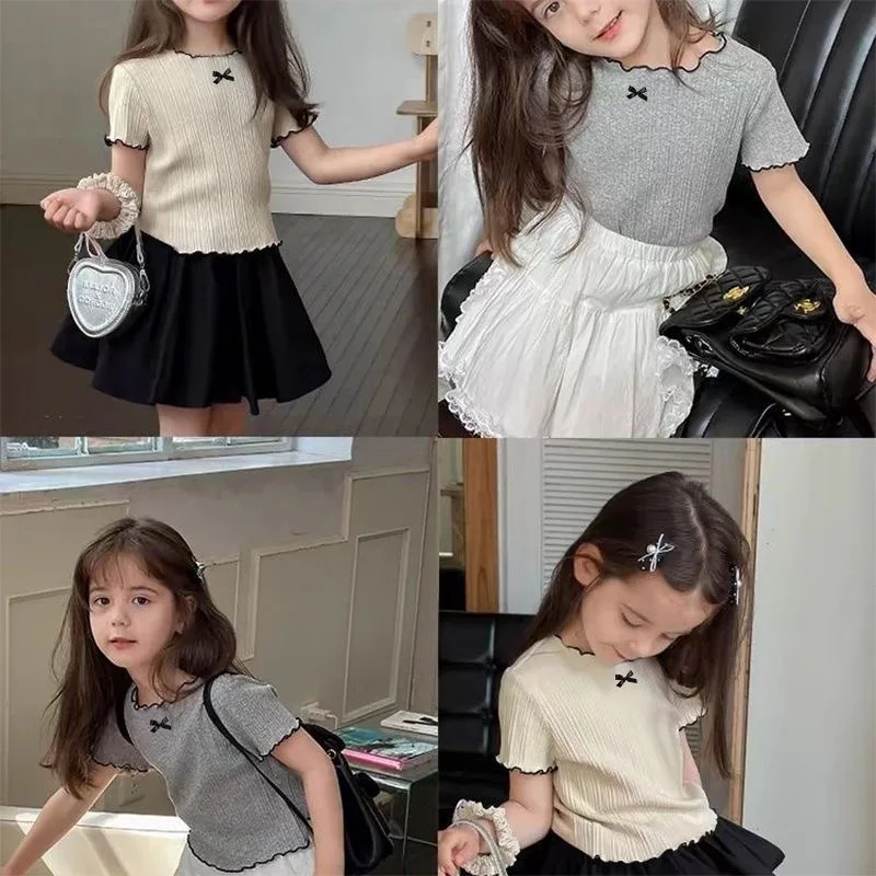 Summer Bowknot Short-Sleeve Girls' Solid Color Casual Top Korean Style Black Ruffle T-Shirt Casual Girls' Baby Wear