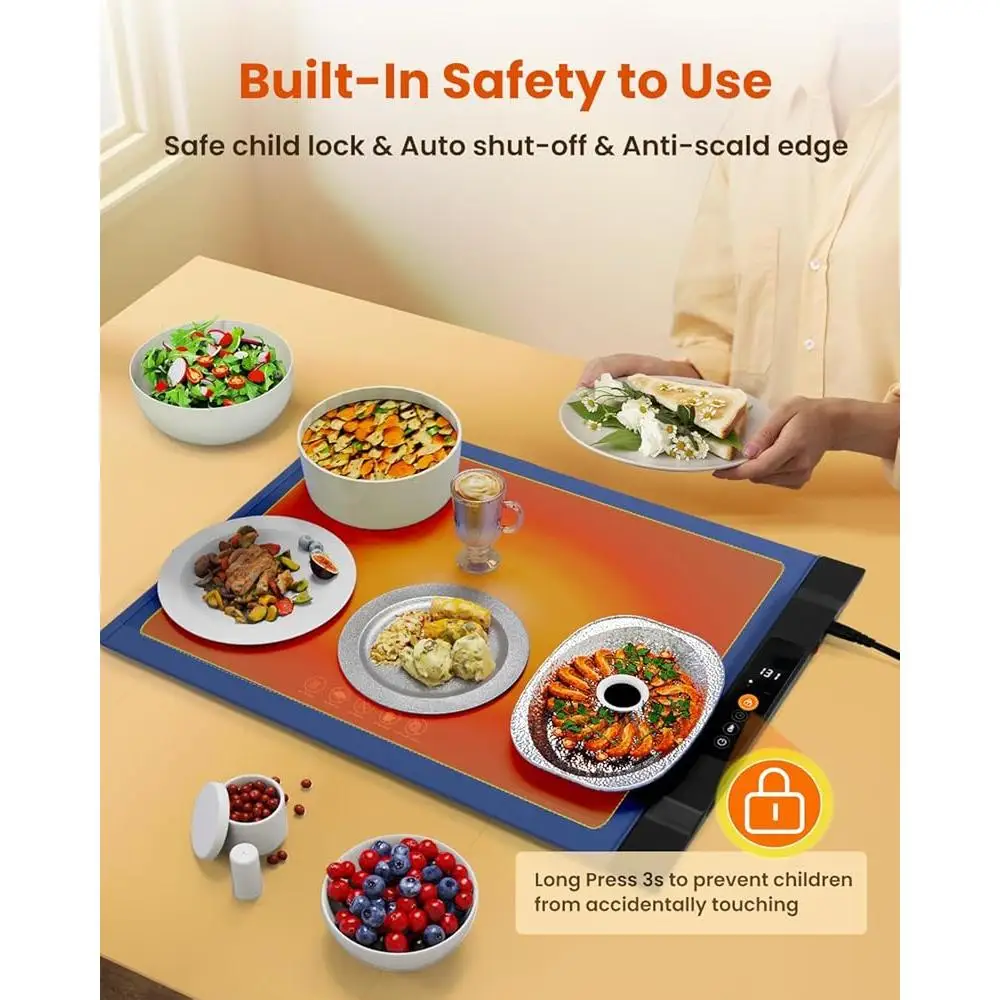 Electric Warming Tray Kitchen Countertop Food Warmer with 7 Temperature Settings 6 Hour Timer Safe Eco-Friendly Silicone Design