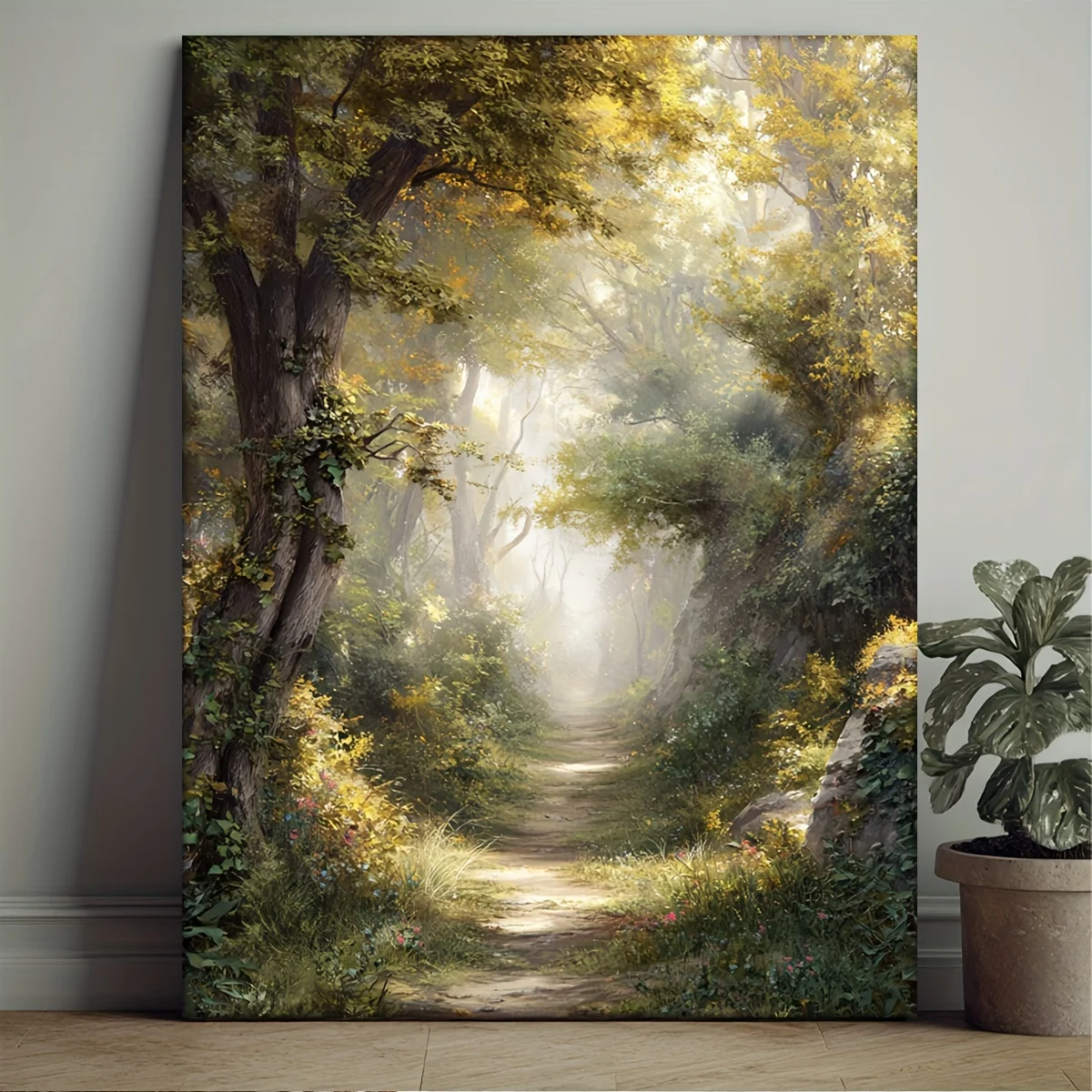 1pc Enchanted Forest Path Canvas Wall Art with Frame - 30.48x40.64 cm Serene Woodland Scene in Golden Brown & Green, Modern M