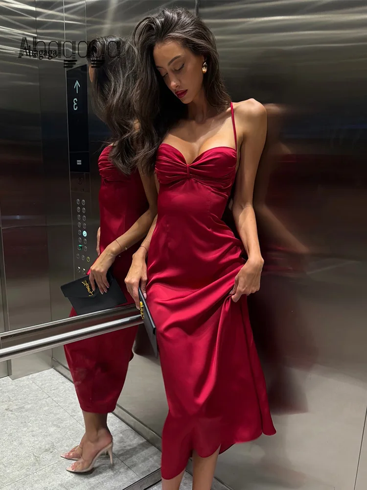 

Ahagaga Summer Sexy Club Women's Fashion Bow Strap Dresses V-Neck Long Y2K Sleeveless Solid Skin Summer Party Evening Bodycon