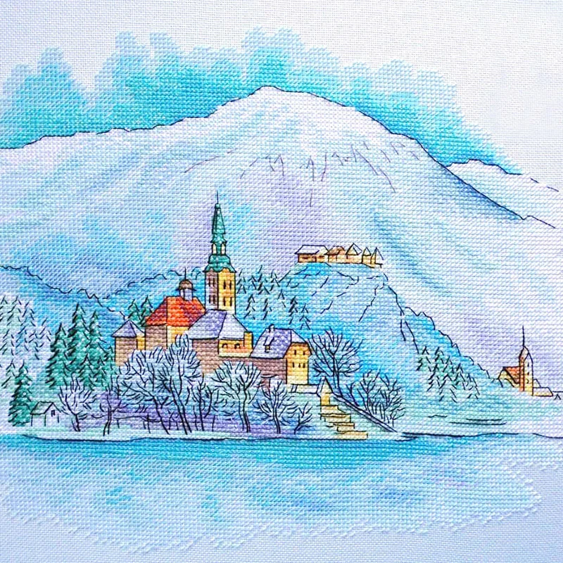 Gold Collection Counted Cross Stitch Kit, Sea Port, Coffee Shop, Town Under the Snowy Mountains, 36-33, Top Quality