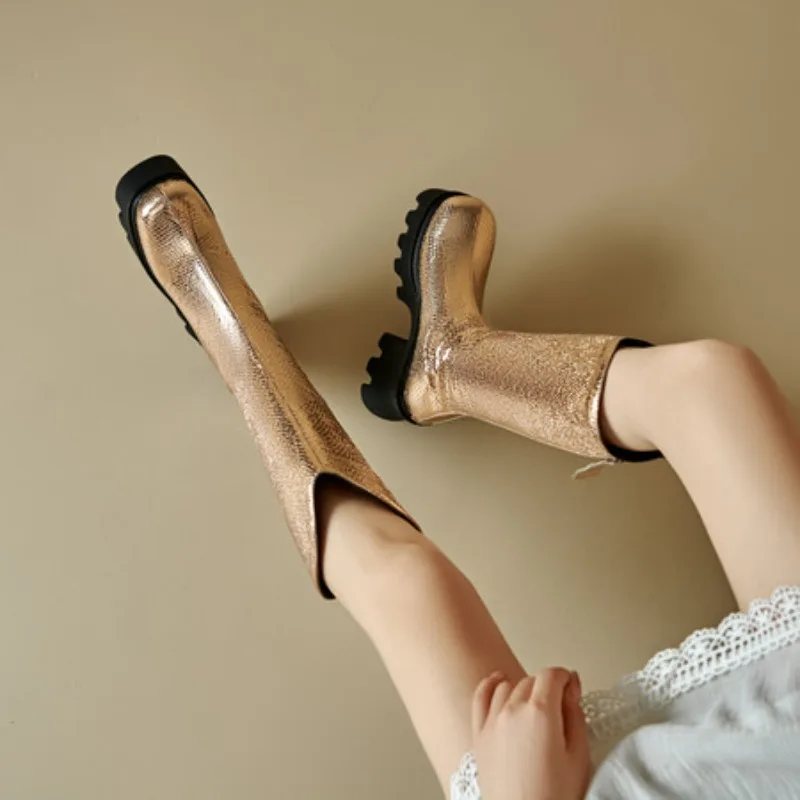 Square Toe Ultra-High Platform Non-Slip Rubber Platform Heel Knee Boots Simple Style Bright Patent Leather Height-Enhancing Shoe