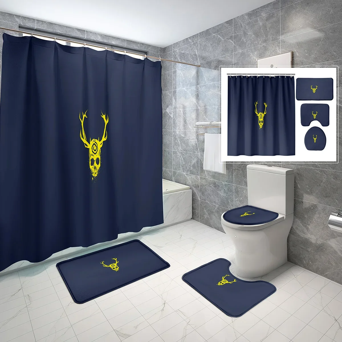 4 Pcs Skull Shower Curtain Sets with Toilet Lid Cover and Bath Mat Fantasy Horror Dark Evil Art Waterproof Bathroom Decor Sets