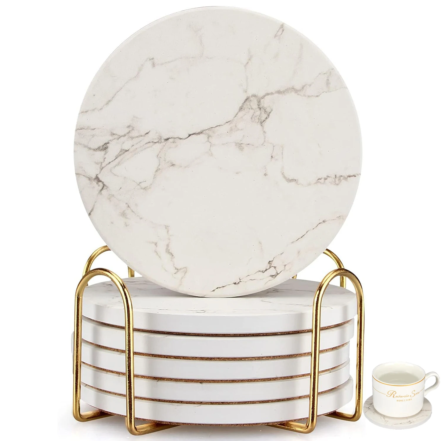 6 Pcs Ceramic Coasters Marble Style with Holder Absorbent Drink Coaster for Kinds of Cups Bar Kitchen Wooden Dining Table Decor