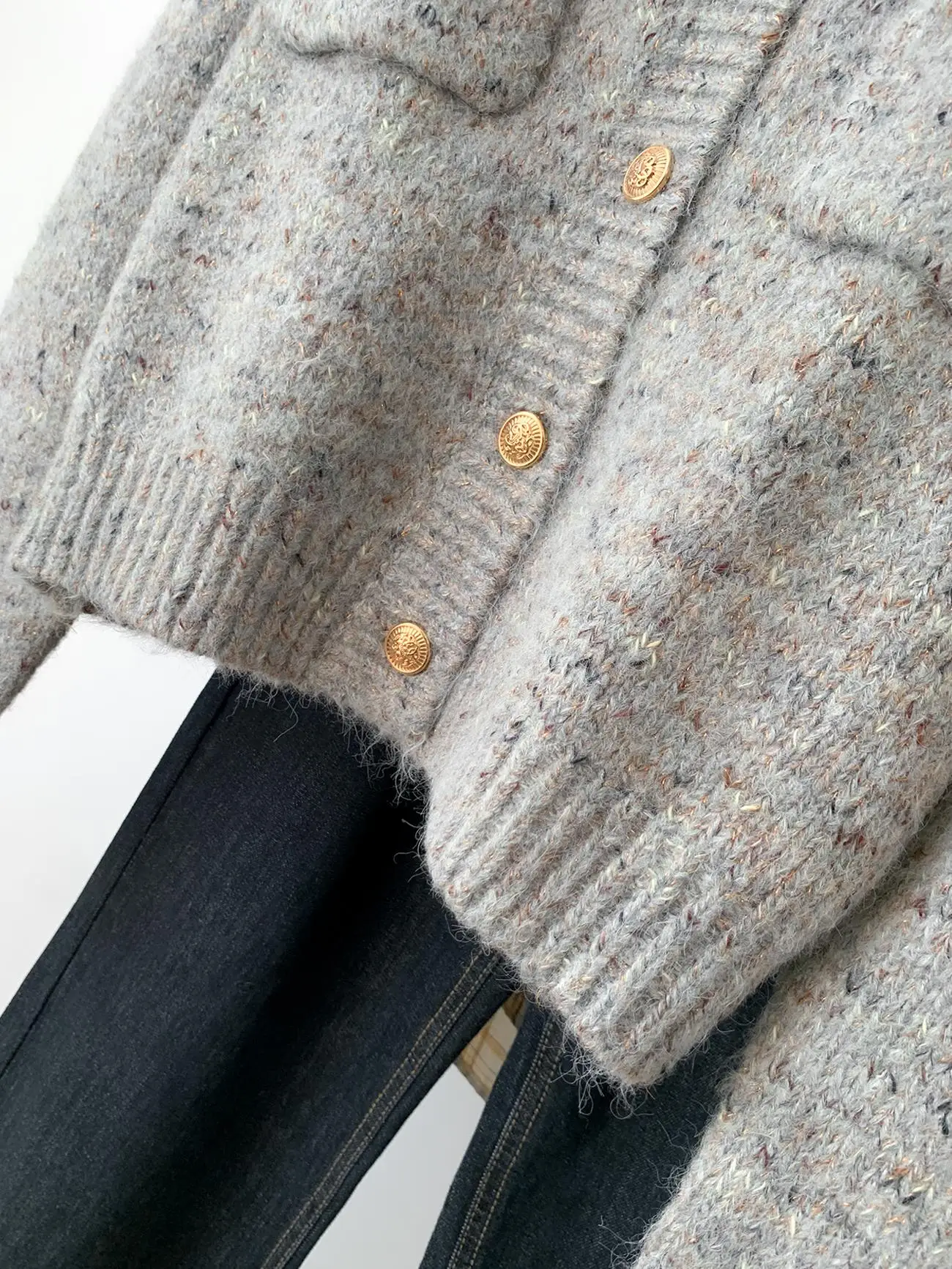 Botões de ouro cinza feminino malha cardigan simples o-pescoço manga longa camisola casaco outono primavera senhora do escritório elegante malhas