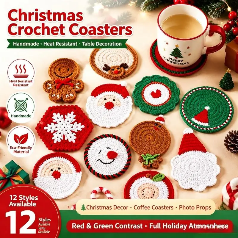 Handmade Crochet Santa Claus Coasters Christmas Cup Mat Xmas Party Table Decoration Santa Claus Drink Pad