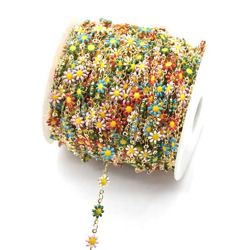 1 Meter Colorful Flower Chain Inlaid Enamel Daisy Handmade Brass Chains Link Roll with Spool for Crafts Jewelry Making