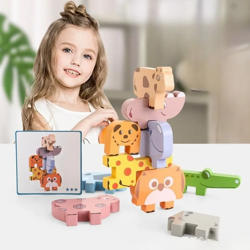 Jogo de empilhamento de animais, blocos de empilhamento de equilíbrio de madeira, aprendizagem precoce, brinquedo educacional, blocos de construção para crianças