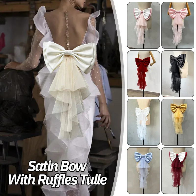 1 Buah Busur Pernikahan Satin dengan Ruffles Tulle Lolita Simpul Pengantin Aksesori Pengantin Ikatan Simpul Dapat Dilepas DIY Ikatan Simpul Buatan Tangan