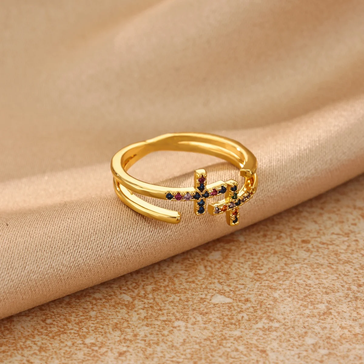 Bunte Zirkon-Doppelkreuzringe für Damen, Kupfer, Goldfarben, zierlicher, verstellbarer, offener Manschettenring, ästhetischer, trendiger, religiöser Schmuck – Detail 4