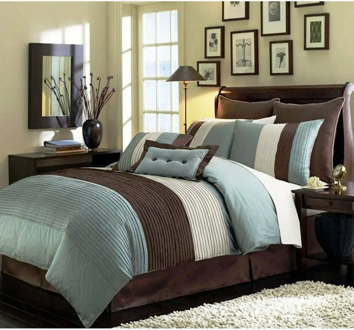 8-Piece Blue Brown Beige Pleated Stripe Comforter Set Full Size Bedding Set