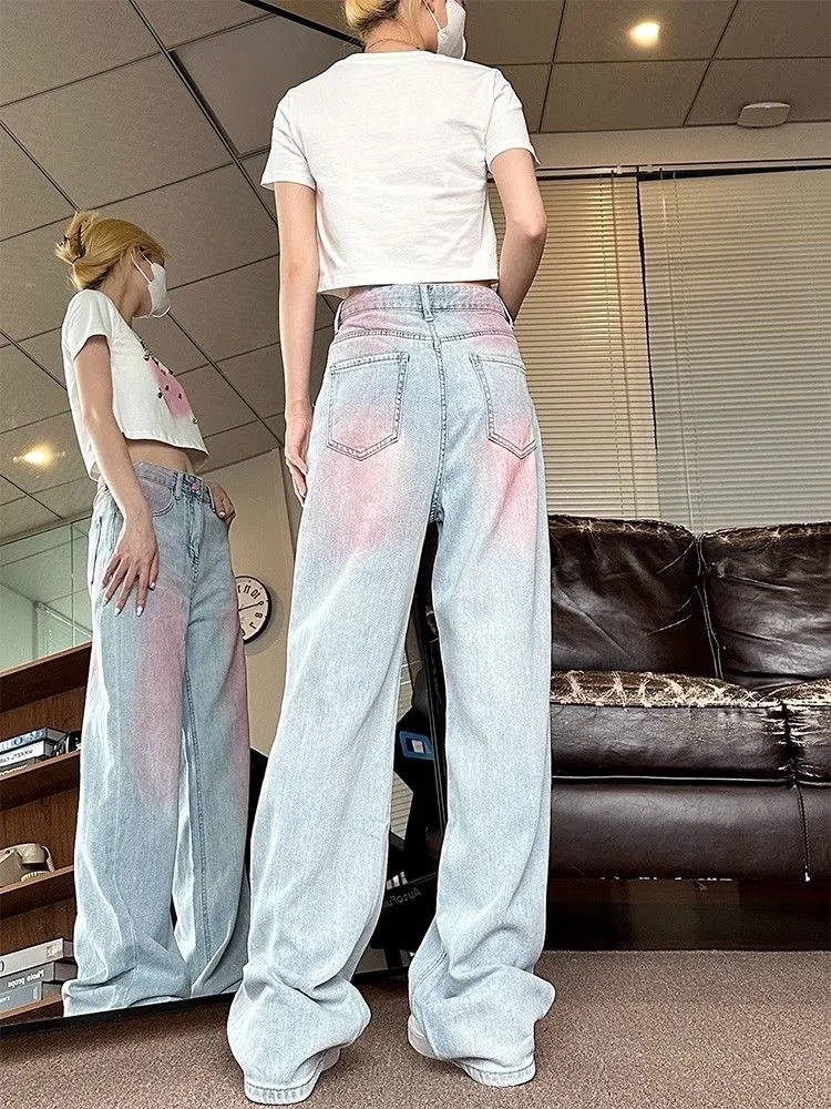 Y2k  Baggy Jeans Blue For Women\'s Summer High Waisted Graffiti Purple Straight Pants Casual Fashion Denim Trouser Woman