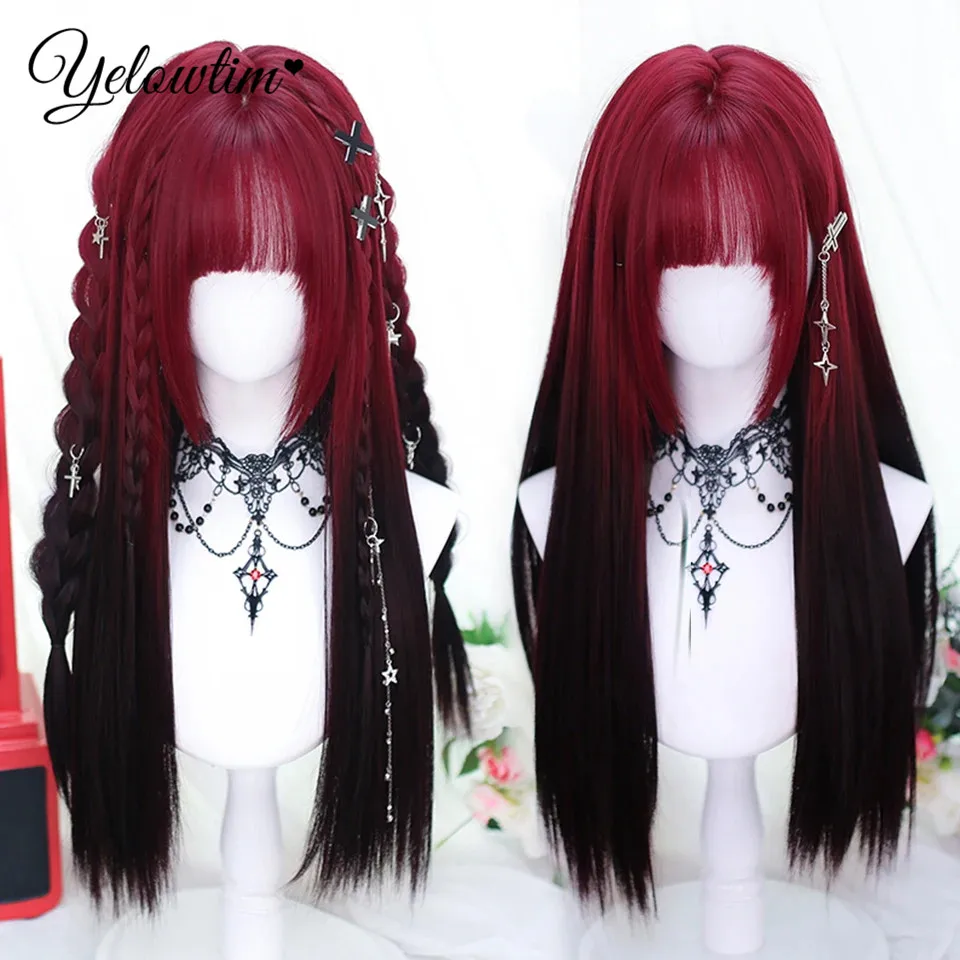 

YELOWTIM Synthetic Long Straight Lolita Wig with Bang Red Ombre Black Cosplay Party Halloween Christmas Wavy Curly Harajuku Wig