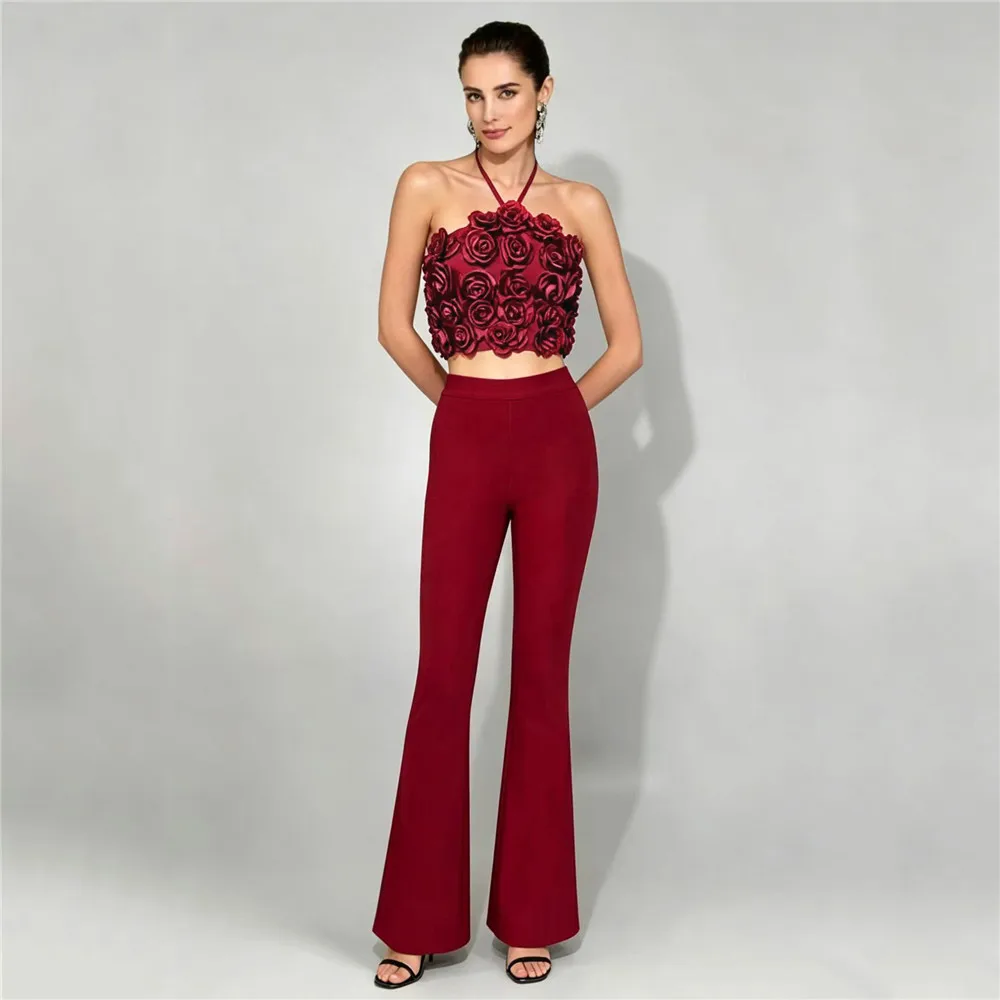 

Women Fashion 3D Flower Top Elegant Long Flare Pants Two Piece Set Party Bandage Classy Suit