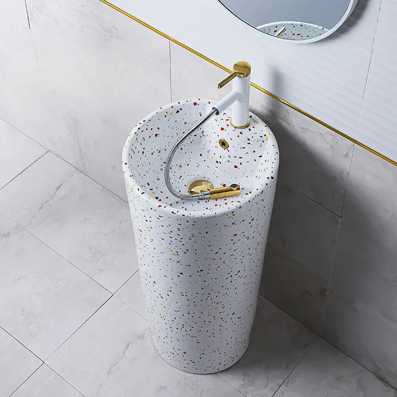 Round column basin integrated floor-standing hotel bathroom washbasin creative terrazzo ceramic balcony washbasin