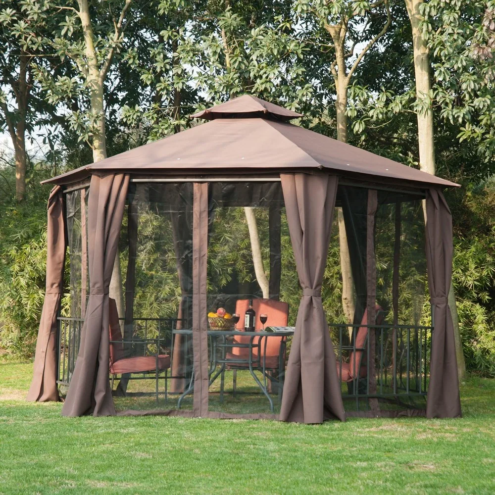 

Patio Gazebo, Canopy Shelter with Netting & Curtains, Solid Steel Frame for Garden, Backyard Deck, Double Roof Outdoor Gazebo