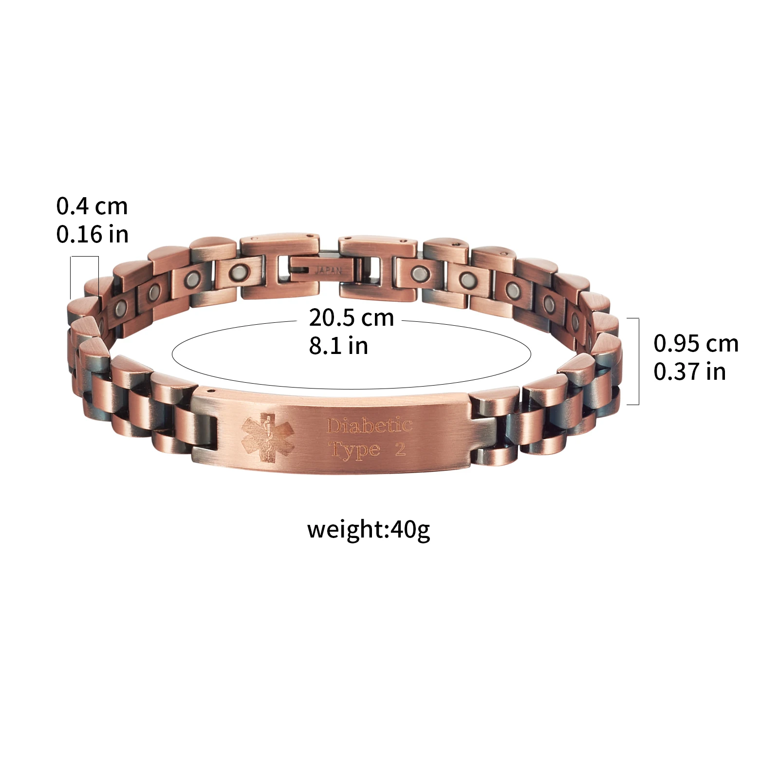 Stainless Steel Magnetic Medical Alert Bracelet, 8.1 inches, Copper Jewelry Bracelets for Women, Width:0.37'', Diabetic Type 2