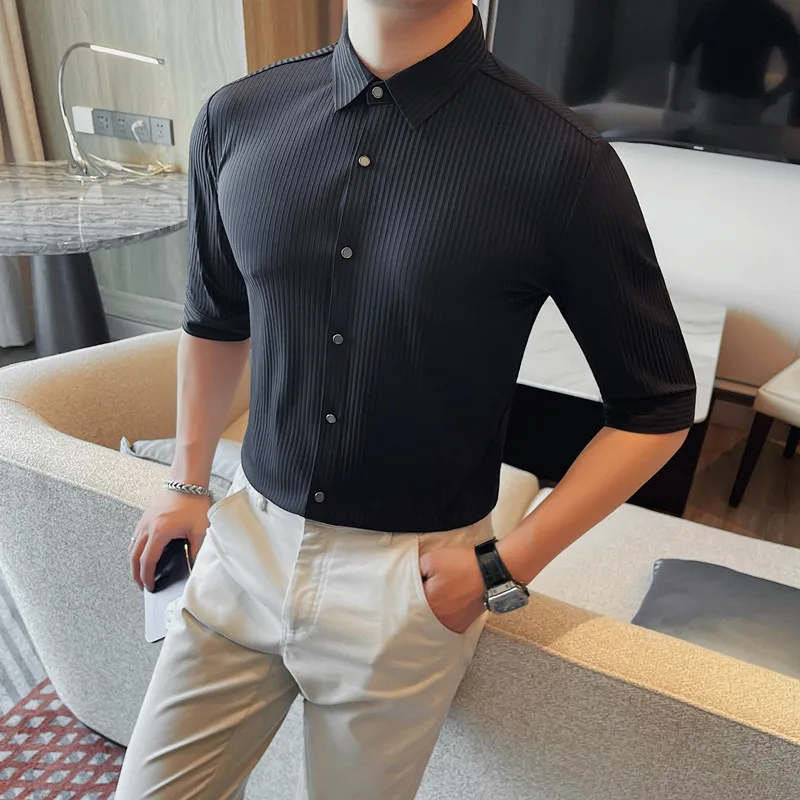 Summer New Striped Ice Silk Half Sleeve Shirt Fashion Men\'s Slim Fit Casual Business Solid Color Versatil Shirt Men Clothing