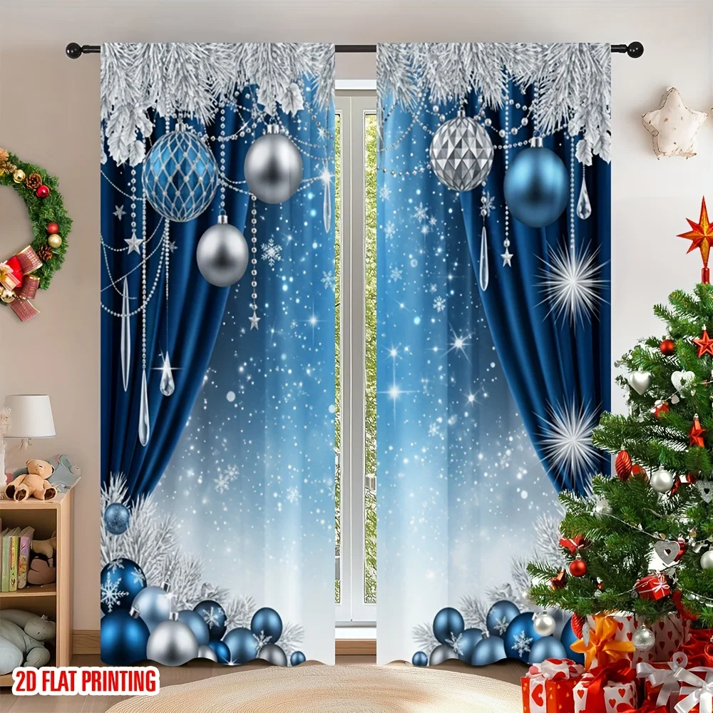 2pcs Red & Silver Christmas Sheer Polyester Curtains with Rod Pocket – Light-Filtering for Living Room & Bedroom