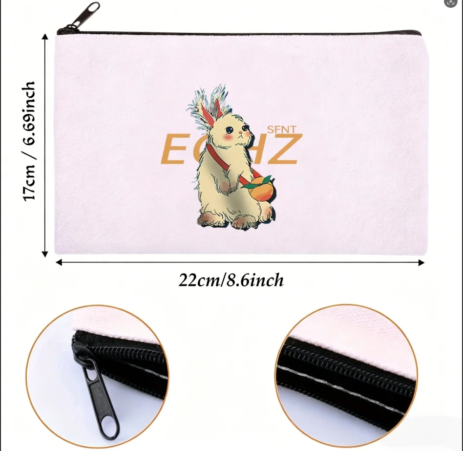 1PC Cute Fluffy Rabbit With Orange EOCHZ Canvas Zipper Pouch Cartoon Animal Print Makeup Storage Bag
